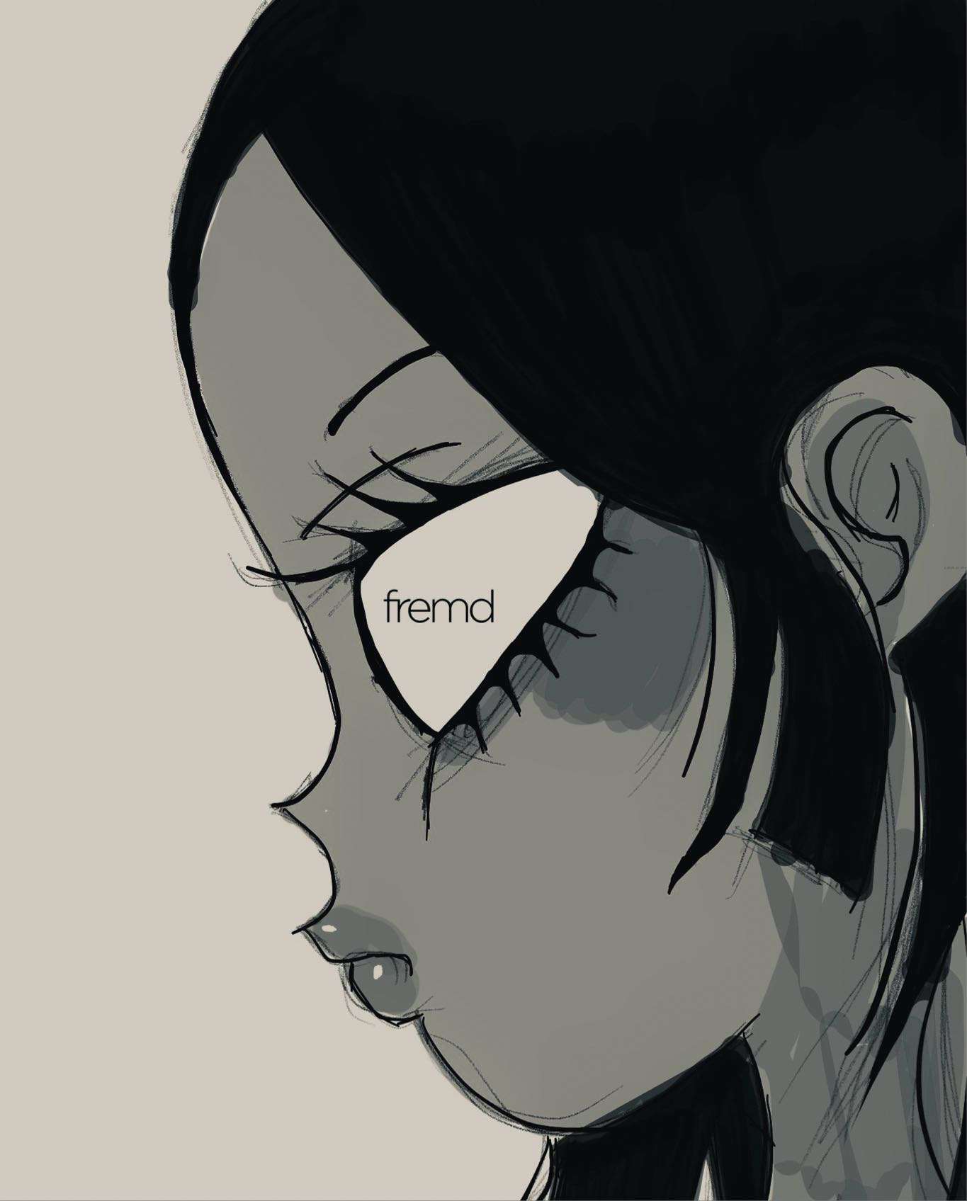 Ilustración de fremd: perfil de una mujer con el logotipo dentro del ojo