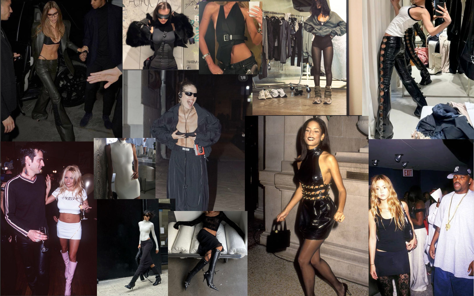 Moodboard de fremd: collage de referencias de estilo de los 90 y 2000 en negro
